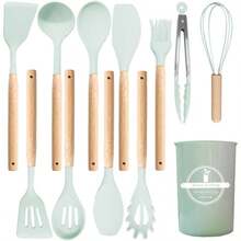 12pcs Kitchen Utensil Set Block,Silicone Cooking Tools/Non-Scratch Spatula Spoon Turner, Complete Starter Kit(Green) - Green - View 6