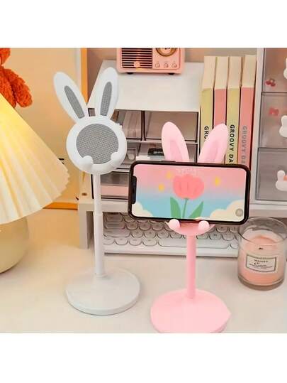 1个可爱兔子手机支架 - 花卉设计，带兔耳朵和蝴蝶结，角度0°-90°可调节，耐用材质，智能手机桌面收纳架，家居办公装饰，桌面手机支架，趣味设计，结构稳固，可调节手机支架