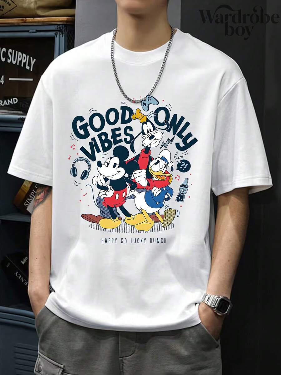 Disney Printed T-Shirt,DDisney Men's Casual Fashion Short Sleeve Round Neck T-Shirt, Printed With Mickey Mouse, Cartoon Duck, Pluto And Headphone Patterns, Suitable For Daily Wear In All Seasons. Men's Graphic T-Shir, Unisex,High-Quality Pure Cotton T-Shirt,Suitable For All Seasons, Comfortable And Breathable| Exquisite Design | The Best Choice For Giving Gifts - 白色 - 查看 1