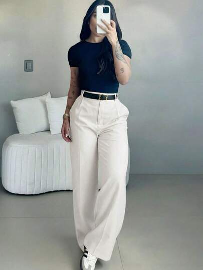 Pantalones de pierna ancha de talle alto para mujer | Ropa de mujer para primavera | Pantalones de oficina casuales y elegantes | Ropa casual de primavera | Pantalones rectos sueltos de unicolor | Ropa de primavera | Ropa casual de mujer | Pantalones casuales suaves y cómodos | Ropa casual de mujer a juego | Ropa de trabajo de moda minimalista | Traje casual | Preparación para el Año Nuevo, Primavera/Otoño Esencial, Sin cinturón incluido