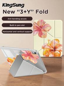 Kingsung Funda protectora de cristal acrílico transparente con patrón floral en forma de Y, plegable y de doble cara, pintada con aerosol, compatible con tabletas Tablets/Mini6/7/9.7/10.2/10.5/10.9/12.9/Pro 11, 10th Gen, admite ajuste de múltiples ángulos, 6 modos de colocación de soporte, ranura integrada para bolígrafo, placa trasera transparente, protección antideslizante, activación/suspensión automática - Multicolor - Ver 4