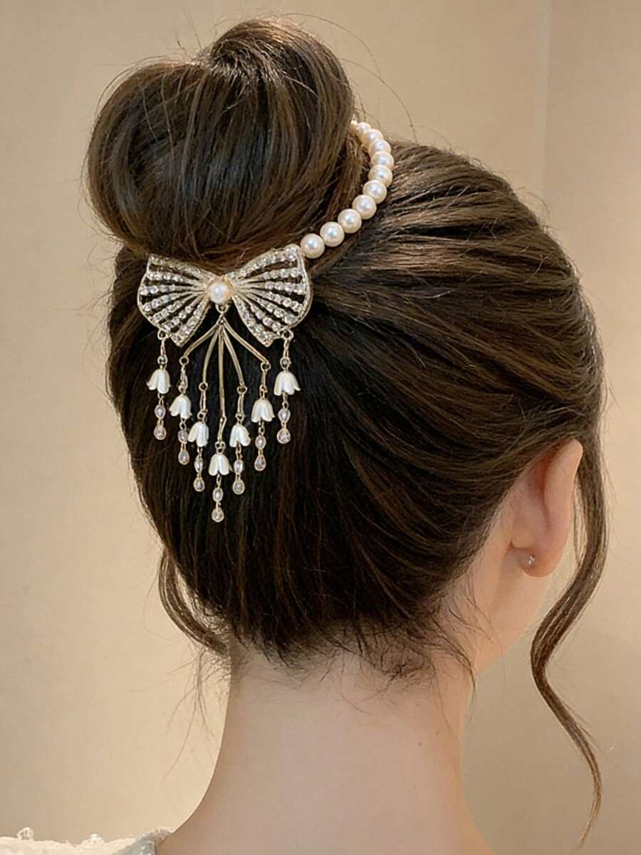 1件装女士珍珠水钻蝴蝶花朵发夹，优雅新娘婚礼派对发饰 - 金色 - 查看 1