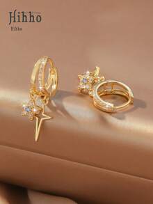 Hihho 1 Đôi bông tai khoen tròn hình chữ thập và sao băng đính đá Cubic Zirconia sang trọng tối giản, mạ vàng, bản rộng, thiết kế độc đáo dành cho công sở/tiệc tùng. - Sao băng chữ thập - Xem 5