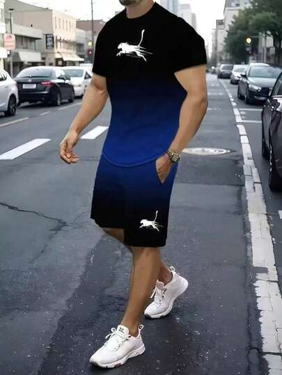 סט חולצת טי לגברים עם צווארון עגול, שרוולים קצרים ומכנסיים קצרים עם שרוך מותן של TAI TONG MIAO לקיץ