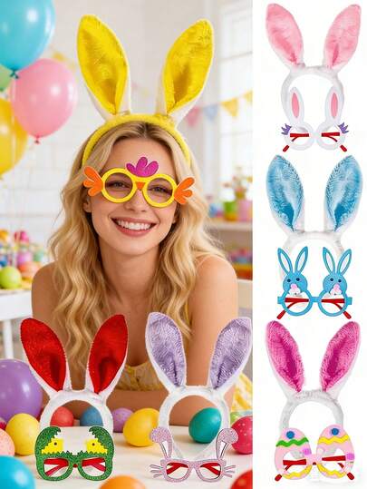 6pcs Easter Party Glasses Frame & Bunny Ear Headband Set, Cartoon Rabbit & Chick Decorated Glasses Frame, Plush Bunny Ear Headband, Holiday Event Photo Props, Suitable For Birthday, Easter, Halloween, Masquerade, Theme Party Decorations