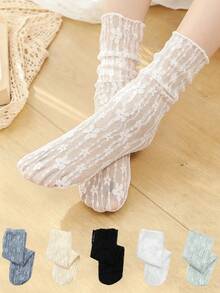 1/5/10双装 女士薄款蕾丝镂空花卉舒适防滑透气凉爽优雅中筒袜,春夏款 - 彩色 - 查看 3