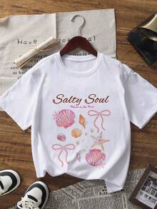 3件套少女热带贝壳花朵印花短袖T恤套装，年轻学生夏季上衣 - 彩色 - 查看 3