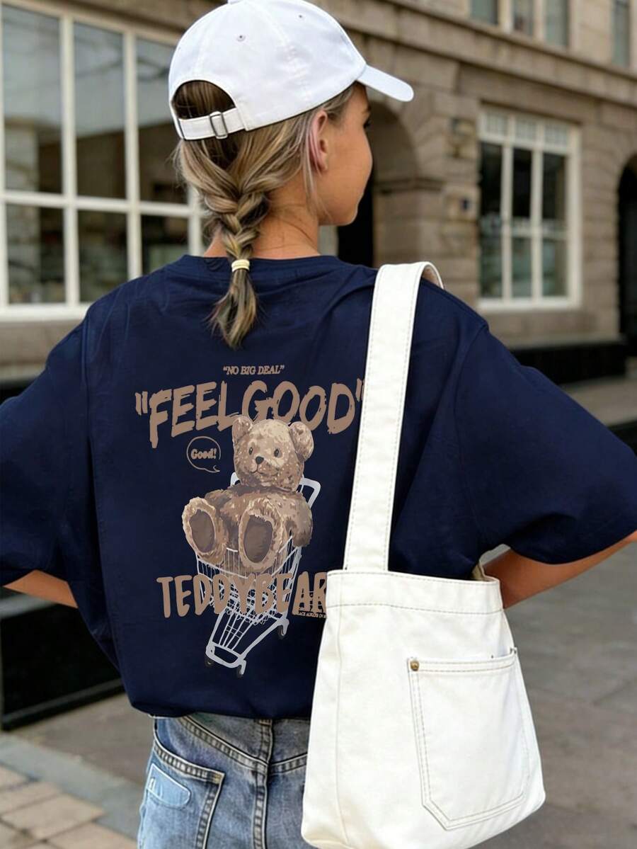 1pc Tween Girls' Printed Short Sleeve T-Shirt, Summer Youth Student Casual Tops, Tops - Navy Blue - View 1