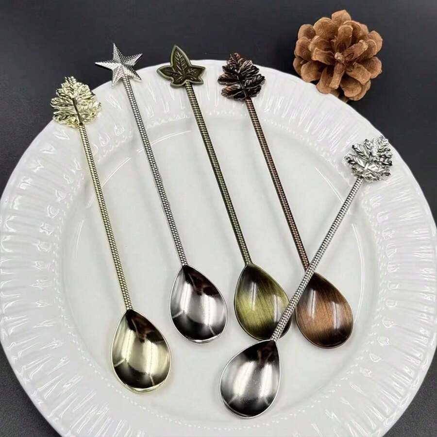 3/6pcs Vintage Coffee Spoon Set, Creative Star & Leaf Dessert Spoons, European Style Tea Stirring Spoons, Ice Cream Scoops, Small Spoons For Afternoon Tea, Gift - Gold and Silver - View 1