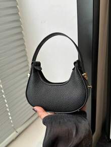 Mini Cute Solid Black Handbag For Women, Fashionable High-Quality Lightweight Crescent Shaped Shoulder Bag , Cute - Black - View 6