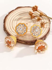 一对时尚耳环，优雅迷人，镶嵌水钻，皇家风格金色耳环，配以仿珍珠流苏，波西米亚风设计，适合女性和女孩日常佩戴，也适合节日、婚礼和派对等场合/珠宝礼品 - Jhumka - 查看 5