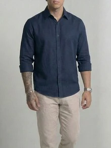 Set Of 2 Men's Long-Sleeved Linen Dress Shirts, Old Money Style, Viscose Linen, Cool, Casual, Italian Collar, Elegant - 白色/藍色 - 查看 7