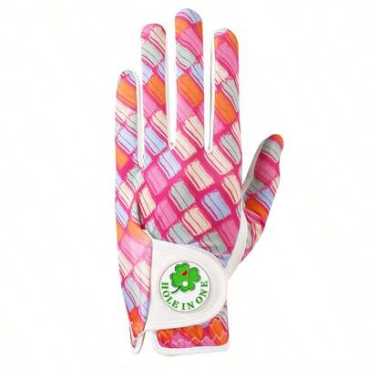 FINGER TEN Women's Golf Glove With Fashion Ball Marker Left Hand 1 Pack, Stylish Red Rectangle Patterns With Breathable Design For Consistent Swing, Comfortable Fit And Secure Grip For Ladies