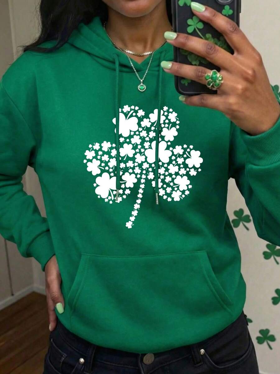 Women's Casual Clover & Four-Leaf Clover Print Round Neck Long Sleeve Sweatshirt Sweatshirt For St. Patrick's Day, Green Pullover Sweatshirt, Holiday Outfit Spring - Green - View 1