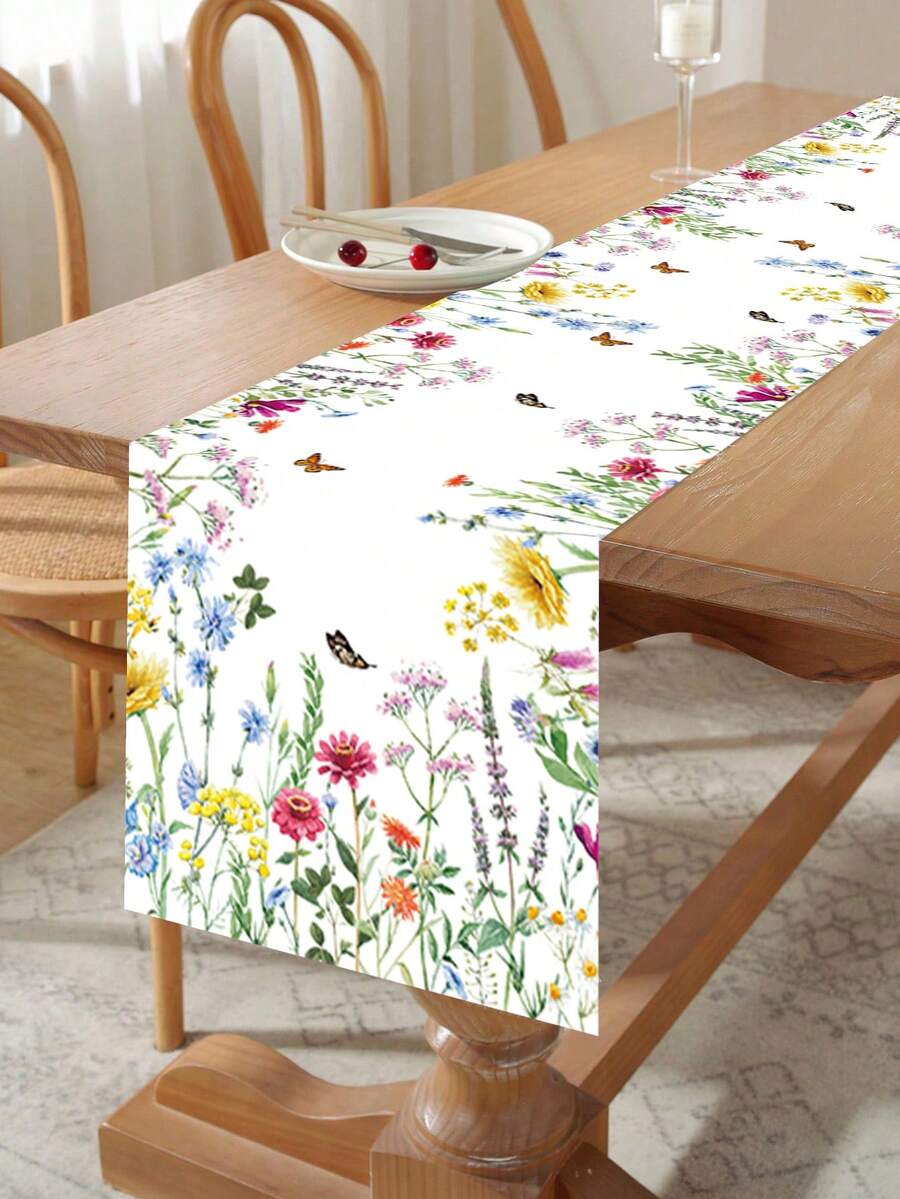 1Pc Spring Wildflower Table Runner,180*35cm Polyester Table Cover,Tablecloth,Spring Party Decor,Spring Home Decor,Spring Decorations,Wedding Decor,Kitchen Decor,Tabletop Decor,Baby Shower Decor,Baby Party Supplies,Spring Gifts,Party Favor - Spring Flowers and Plants a - View 1