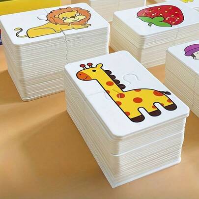 32 Piece Set Animal And Fruit Themed Educational Match Puzzle Flash Cards For Children, Cognitive Skills Development Toy, Suitable For 3-8 Year Olds