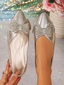 1 Pair Women's Basic Pink Bow Flat Slip-On Shoes, Elegant Party & Commute Style, Silver/Black, Fashion Versatile Ballet Shoes, Suitable For All Seasons - Gold - View 4