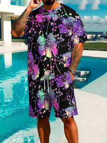 Two-Piece, Brilliant And Eye-Catching, Knitted Fabric, Vibrant Color, Men's Social Gatherings, Summer Outdoor Camping, Black Background With Colorful Floral Pattern, Men's Short-Sleeve Beach Pants Set - 彩色 - 查看 2