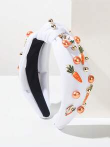 1pc Pink Solid Fabric Knotted Wide Headband With Easter Elements, Minimalist Fashion Rhinestone Rabbit Decor, Sweet Elegant Essential Headpiece For Easter Holiday, Cute Easter Festival Hair Accessory Beauty Home Hair Accessories - FG1530 White - View 2