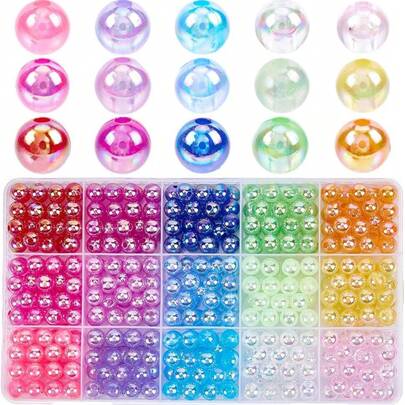 1set Of 15 Colors, 8MM AB Colored Acrylic Round Beads With Holes, Shiny Plastic Colored Bubbles, Various Loose Interval Beads, Suitable For Making Jewelry, Bracelets, Earrings, DIY Craft Supplies