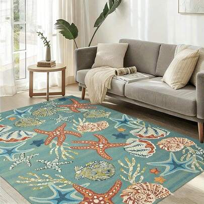 1pc, Starfish And Shell Area Rug, Nordic Style Decor For Living Room, Bedroom, Dining And Outdoor Space, Living Room Carpet, Ocean Element Spring Carpet Is The Perfect Holiday Gift For Decorating Outdoor Space! Suitable For Living Room Carpet In Nordic Minimalist Style