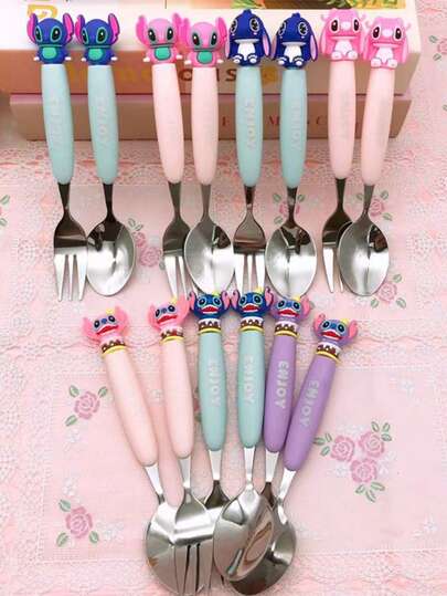 Disney Stitch Cartoon Stainless Steel Spoon, Silicone Handle, Durable And Non-Slip, Suitable For Parties, Daily Meals, Adds Fun To Dining, Can Also Be Used As A Personalized Gift, Suitable For Students, Practical And Atmospheric