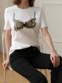 Women's Short-Sleeved T-Shirt With A Round Neck And An Interesting Lingerie-Style Graphic For Everyday Wear And Vacation. - White - View 3