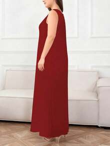 女士优雅纯色休闲圆领无袖宽松连衣裙，夏季 - 酒紅色 - 查看 3