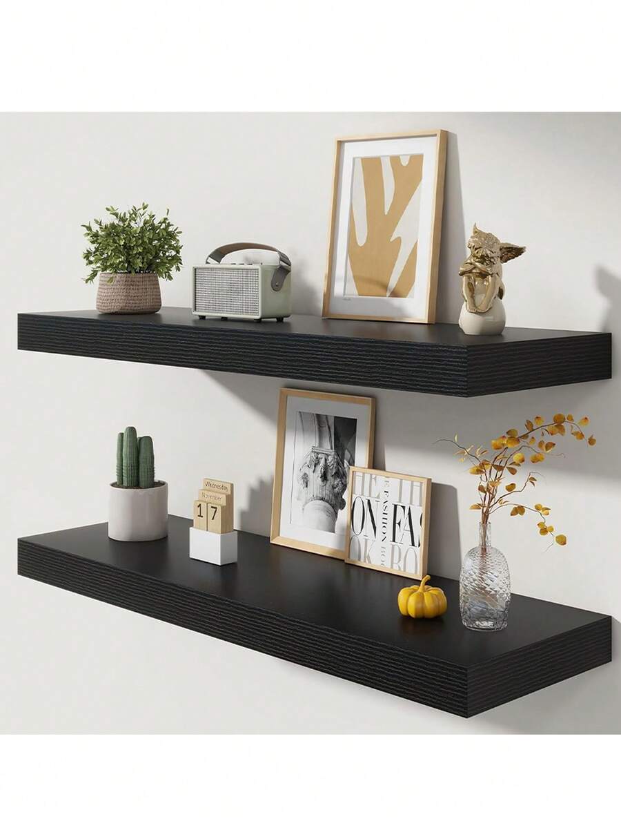1 Juego de estantería de almacenamiento montada en la pared, estantería larga rústica, adecuada para sala de estar, baño, lavandería, dormitorio, cocina, oficina en casa - Negro - Ver 1