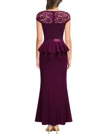 MIUSOL Contrast Lace V-Neck Cap Sleeve Ruffle Trim Split Thigh Evening Party Dress - 酒紅色 - 查看 2
