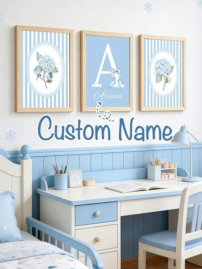 3pcs Personalized Wall Art Poster,Custom Name Print Painting,Light Blue Hydrangea Print,Light Blue Bow,Flowers,Blue Ribbon,Watercolor Floral Wall Art,Botanical Wall Decor,Blue Ribbon,Modern Print Picture Lovely Hanging Picture, Minimalism Apartment Bedroom Living Room Decoration,Birthday Gift For Girls,Ideal Gifts For Her,Daughter,No Frame