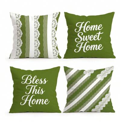 4件套复古绿色格子条纹蕾丝花卉祝福语图案抱枕套，单面印花，适合客厅卧室家居装饰，四季皆宜