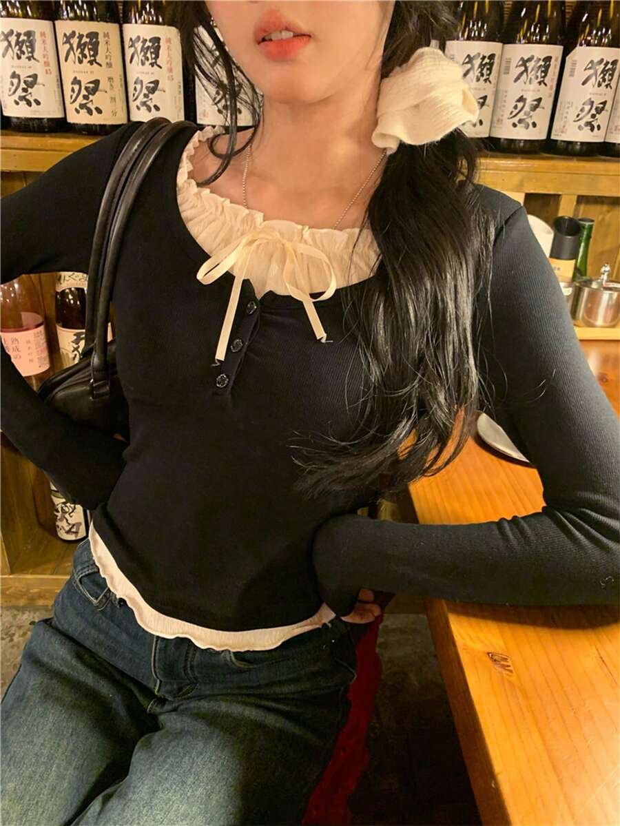 女士系带二合一T恤，荷叶边圆领修身独特时尚休闲上衣，秋冬款 - 黑色 - 查看 1