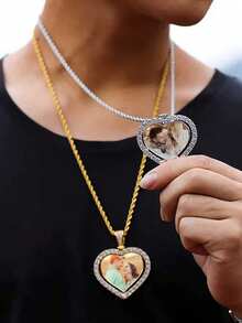 Personalized Rhinestone Studded Angel Wings Photo Necklace,Custom Photo Necklace,Hip Hop Photo Pendant,Iced Custom Round Photo Pendant,Gold,Silver - Multicolor - View 2