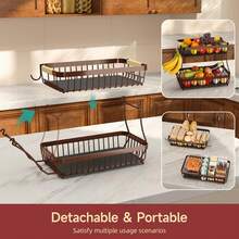 BDQ 2 Tier Large Fruit Basket For Kitchen Counter With 2 Mobile Banana Hangers, 2026 Pro Detachable Metal Fruit Bowl With Wooden Handle (Brown, 2 Tier) - Black - View 9