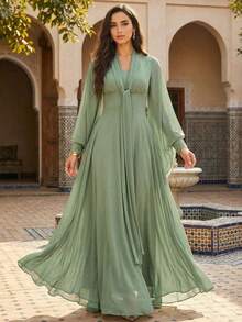 Women's Elegant Purple Long Dress, Tie Neckline, Long Sleeve, Asymmetric Hem, Flowing Vintage Chiffon Fabric Spring - Mint Green - View 3