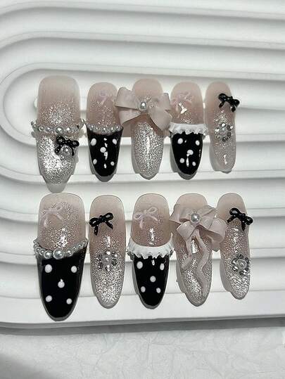 10pcs Y2K Black & Pink Bow Polka Dot French Press-On Nails, Cute 3D Cat Eye, Pearl, Blush Almond Fake Nails With 1pc Jelly Sticker & 1pc Nail File
