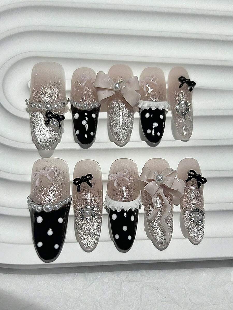 10pcs Y2K Black & Pink Bow Polka Dot French Press-On Nails, Cute 3D Cat Eye, Pearl, Blush Almond Fake Nails With 1pc Jelly Sticker & 1pc Nail File - Dusty Pink - View 1