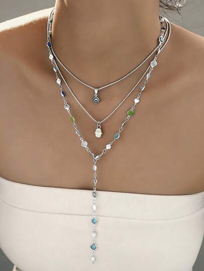 Set de 3 piezas: Collar en forma de Y con colgante de perla falsa, ojo malvado y cristal en forma de palma, adecuado para mujeres, parejas, hermanas, vacaciones, citas, casual, fiesta, boda, playa de verano, regalo para mamá, amigos