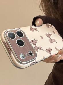 简约时尚豹纹蝴蝶结爱心手机壳，适用于 17/16/15/14/13/12/11 - 杏色 - 查看 2