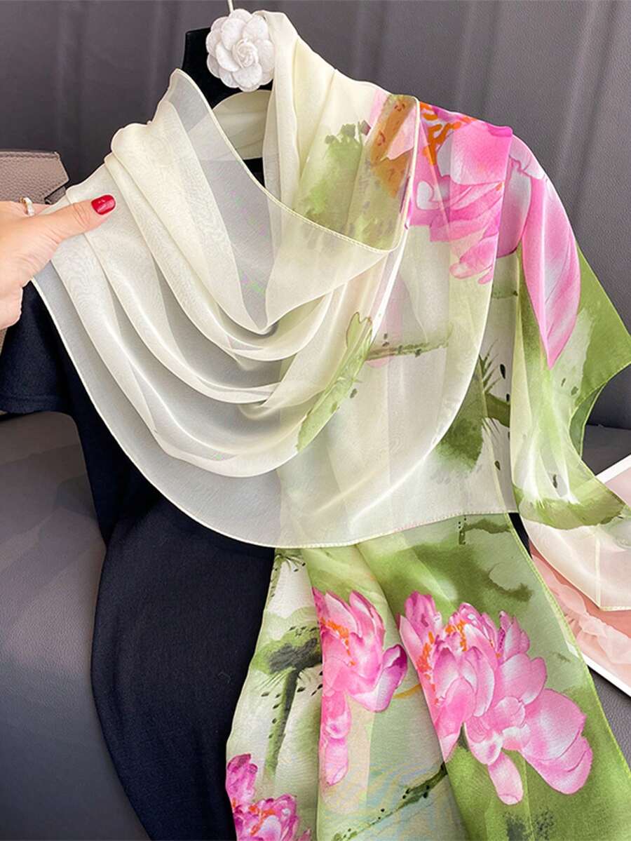 1 buah Syal Wanita Motif Bunga Retro Ringan dan Bernapas, Aksesori Elegan untuk Pemakaian Sehari-hari - hijau merah muda - View 1
