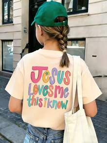 Áo thun cổ tròn in khẩu hiệu "Jesus Loves Me" dành cho bé gái tuổi mới lớn, Áo mùa hè - Màu be - Xem 3