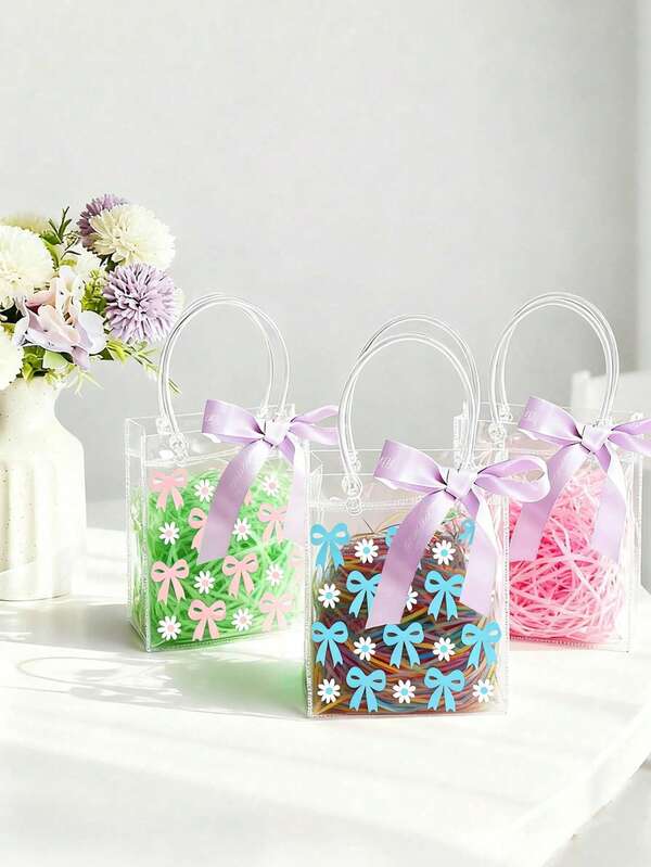 12/6个/透明蝴蝶结手柄礼品袋，透明粉色蝴蝶结塑料礼品包装袋，散装可重复使用透明派对礼品袋，适用于精品店、婚礼、生日、性别揭晓派对、母亲节、洗礼派对礼品袋、装饰袋。