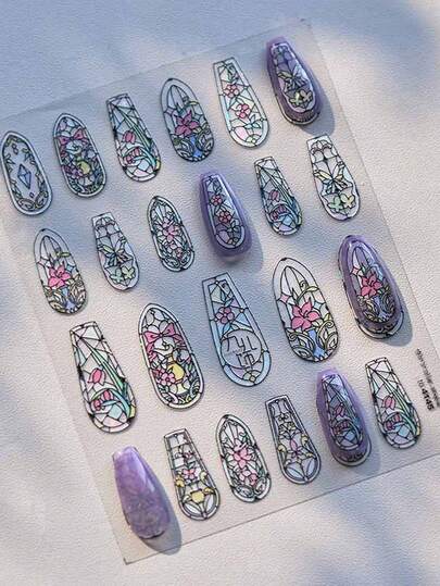 1片3D立体美甲贴纸，日式洛可可花卉窗花设计，春日贝壳闪亮美甲贴，自粘装饰美甲贴纸