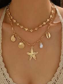2pcs Ocean Style New Gold Starfish Shell Baroque Faux Pearl Pendant Necklace, Women's Summer Beach Vacation Party Casual Accessory Jewelry Necklace - Yellow Gold - View 5