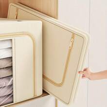 1pc Large Capacity Fabric Storage Box, Multi-Functional Foldable Clothes Storage Bin With Zipper & Transparent Window, Dustproof & Moisture-Proof Wardrobe Organizer Box With Dual Handles & Bidirectional Zipper, Built-In Steel Frame For Sturdiness, Suitable For Clothes, Room, Wardrobe, Dorm, Holiday Storage - Beige - View 5