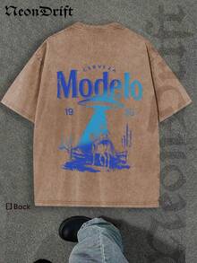 Y2K Style, Cool  UFO Elements, Outdoor Sports Vibe, Modern Street Style, Fashionable Pure Cotton Vintage Washed T-Shirt With Loose Fit, Unisex Design. A Perfect Surprise Gift For Family And Friends. Features Dropped Shoulder Sleeves + Crew Neck, Made Of High-Quality Batik Cotton, A Retro Fashion Brand T-Shirt. With Moderate Thickness, It's Ideal For Summer Wear And A Top Choice For Holiday Gifting. - 摩卡棕 - 查看 3