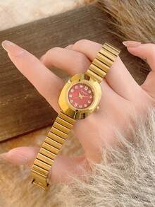 1条金色竹节休闲时尚表带，女士石英表，适合日常佩戴，复古情侣款，最佳礼物 - 金色 - 查看 3