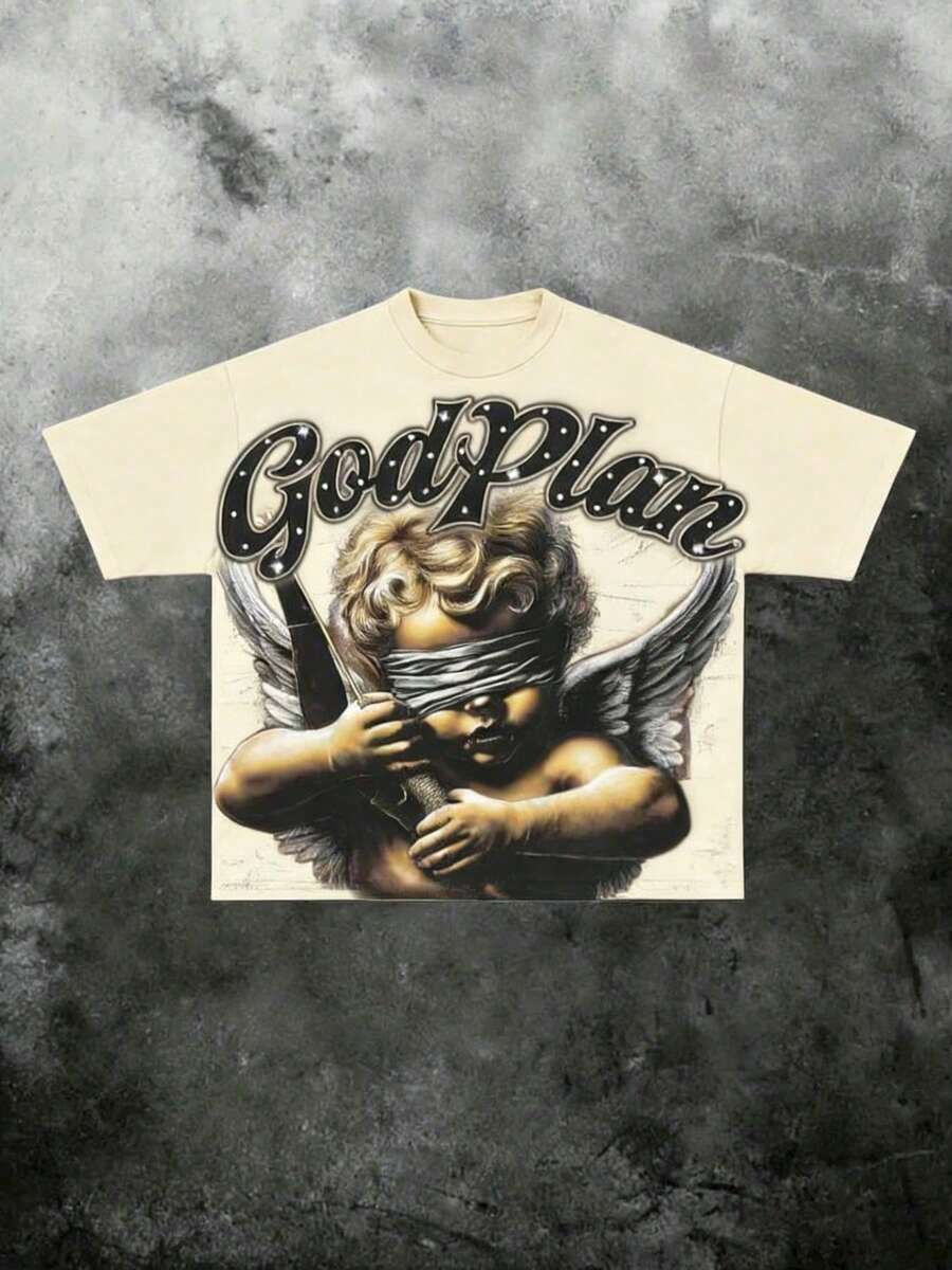 (180 Cotton T-Shirt) Blind Angel Print Men's Summer Round Neck Short Sleeved Casual Pure Cotton Print Back Picture - 杏色 - 查看 1