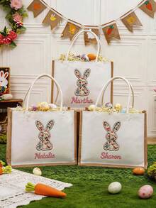 Customized Faux Embroidery Easter Tote Bag, Personalized Easter Basket Tote Bag, Floral Bunny Easter Gift, Letter Print Tote Bag, Linen Bag - Style 19 - View 4